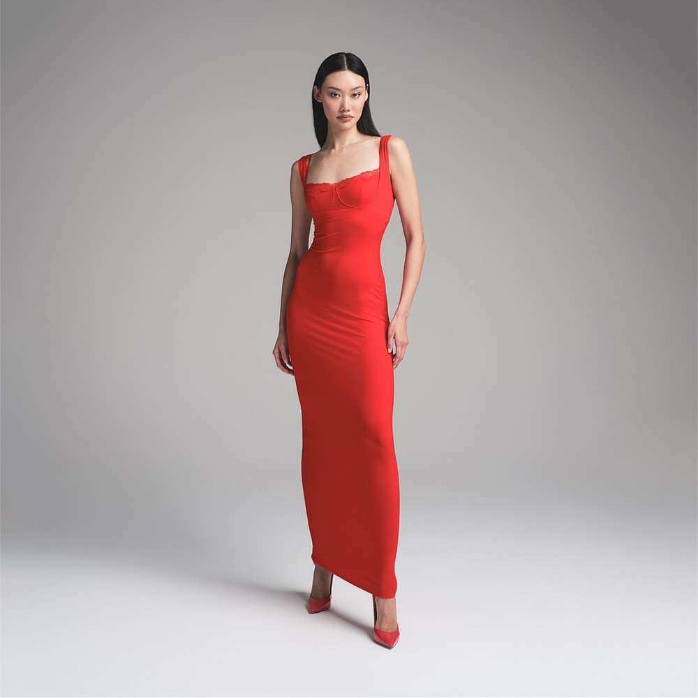 BNWOT Skims Soft Lounge Lace Long Maxi Dress with Bralette Cherry XL